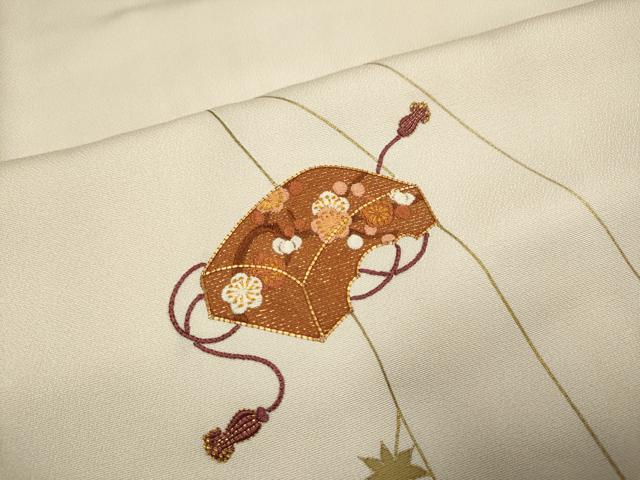 平和屋着物▽訪問着　単衣　駒刺繍　文箱花文　金彩　正絹　逸品　DABG3810du