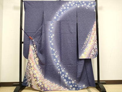 平和屋着物▽豪華振袖　単衣　舞花文　暈し染め　金彩　銀通し地　正絹　逸品　DABG3863du