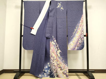 平和屋着物▽豪華振袖　単衣　舞花文　暈し染め　金彩　銀通し地　正絹　逸品　DABG3863du