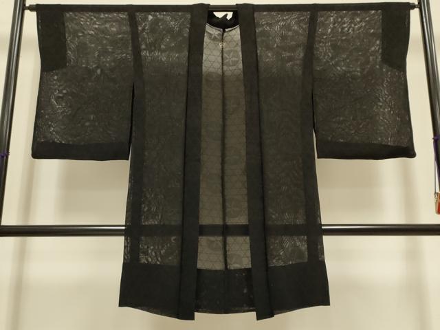 平和屋着物▽長羽織　スリーシーズン　春夏秋　塵除け　朝顔　黒地　正絹　逸品　DABG3874du