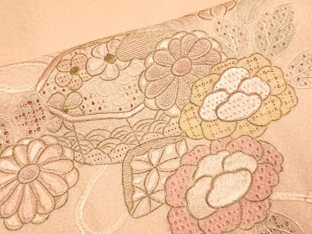 平和屋着物▼中国三大刺繍　スワトウ刺繍　汕頭刺繍　相良刺繍　総刺繍　訪問着　貝桶花文　金糸　正絹　逸品　DABG3903du