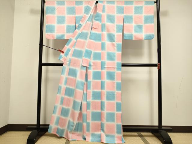 平和屋着物▽小紋　単衣　格子　暈し染め　洗える着物　DABG3959du