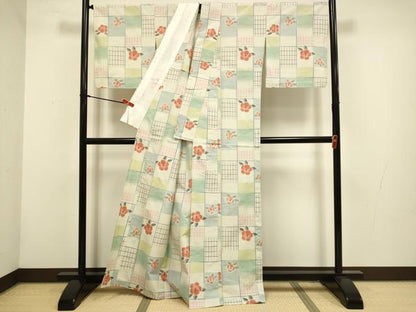 平和屋着物▽上質な紬　単衣　格子椿文　正絹　逸品　DABG3984du