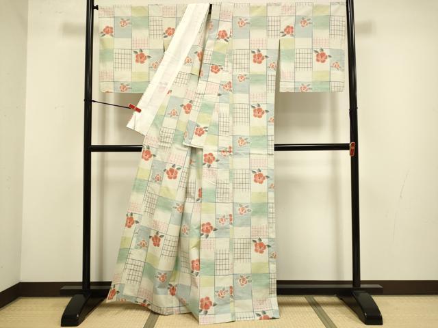 平和屋着物▽上質な紬　単衣　格子椿文　正絹　逸品　DABG3984du
