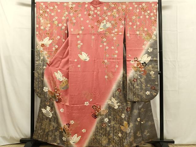平和屋着物■上質な小紋　駒刺繍　花蝶文　暈し染め　金彩　正絹　逸品　DABG4024qp