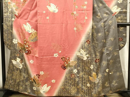 平和屋着物■上質な小紋　駒刺繍　花蝶文　暈し染め　金彩　正絹　逸品　DABG4024qp