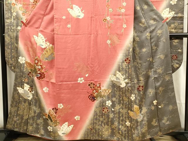 平和屋着物■上質な小紋　駒刺繍　花蝶文　暈し染め　金彩　正絹　逸品　DABG4024qp