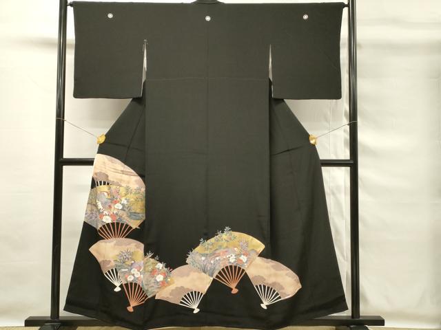平和屋着物■豪華黒留袖　駒刺繍　扇面花鳥文　金彩　正絹　逸品　DABG4122qp