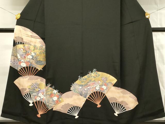 平和屋着物■豪華黒留袖　駒刺繍　扇面花鳥文　金彩　正絹　逸品　DABG4122qp