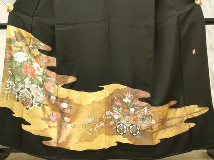 平和屋着物■豪華黒留袖　作家物　刺繍　花車文　金彩　正絹　逸品　DABG4177qp