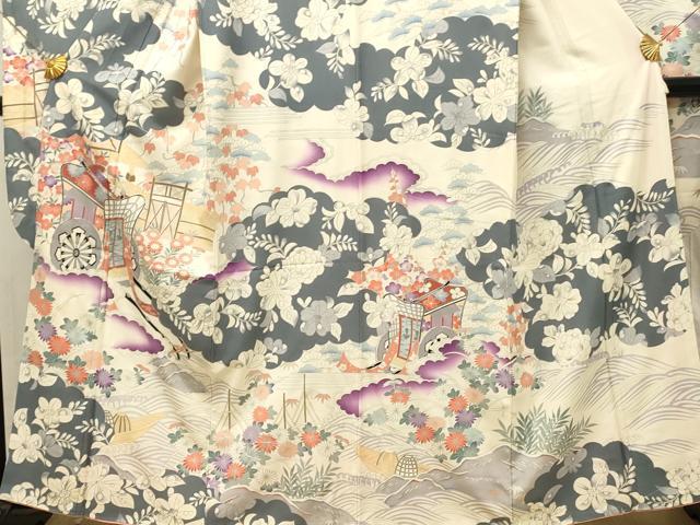 平和屋着物■豪華振袖　駒刺繍　御所車花文　銀彩　正絹　逸品　DABG4193qp