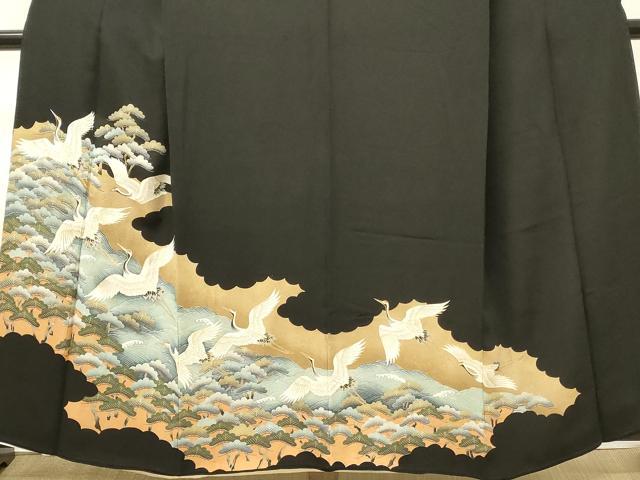 平和屋着物■豪華黒留袖　駒刺繍　飛鶴松文　金彩　正絹　逸品　DABG4199qp