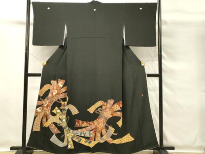 平和屋着物■豪華黒留袖　作家物　駒刺繍　束ね熨斗飛鶴花文　金彩　正絹　逸品　DABG4215qp