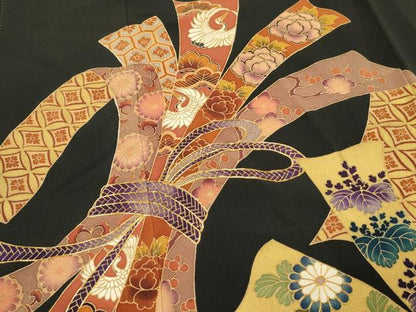 平和屋着物■豪華黒留袖　作家物　駒刺繍　束ね熨斗飛鶴花文　金彩　正絹　逸品　DABG4215qp