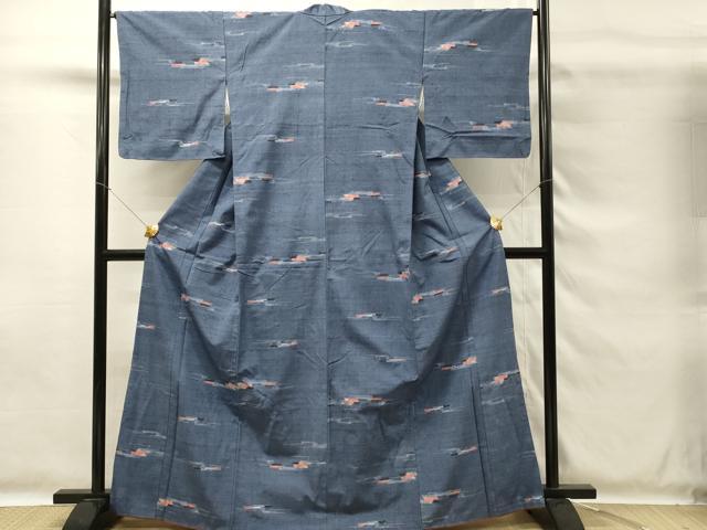 平和屋着物■小千谷紬　結城織　手むすび　幾何学文　反端付き　正絹　逸品　DABG4230qp