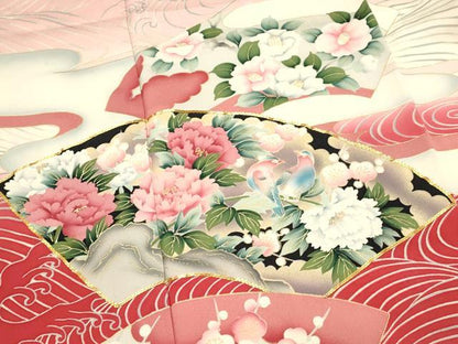 平和屋着物■豪華振袖　駒刺繍　型染め　地紙花鳥文　牡丹　暈し染め　金彩　正絹　逸品　DABG4245qp