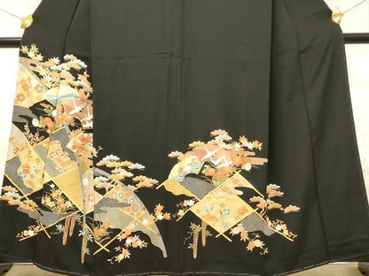 平和屋着物■豪華黒留袖　駒刺繍　地紙花鳥文　金銀彩　正絹　逸品　DABG4246qp