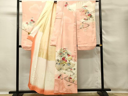 平和屋着物■小振袖　二尺袖　総刺繍　風景花文　暈し染め　金糸　正絹　逸品　DABG4263qp