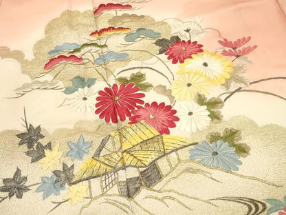 平和屋着物■小振袖　二尺袖　総刺繍　風景花文　暈し染め　金糸　正絹　逸品　DABG4263qp