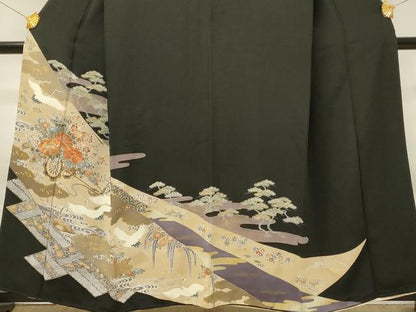 平和屋着物■豪華黒留袖　刺繍　飛鶴花車文　松竹梅　金彩　正絹　逸品　DABG4280qp