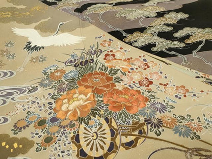 平和屋着物■豪華黒留袖　刺繍　飛鶴花車文　松竹梅　金彩　正絹　逸品　DABG4280qp