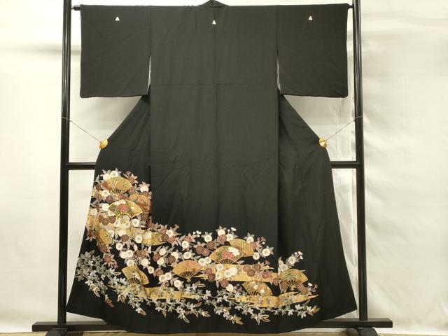 平和屋着物■豪華黒留袖　駒刺繍　扇面花文　金彩　正絹　逸品　DABG4313qp