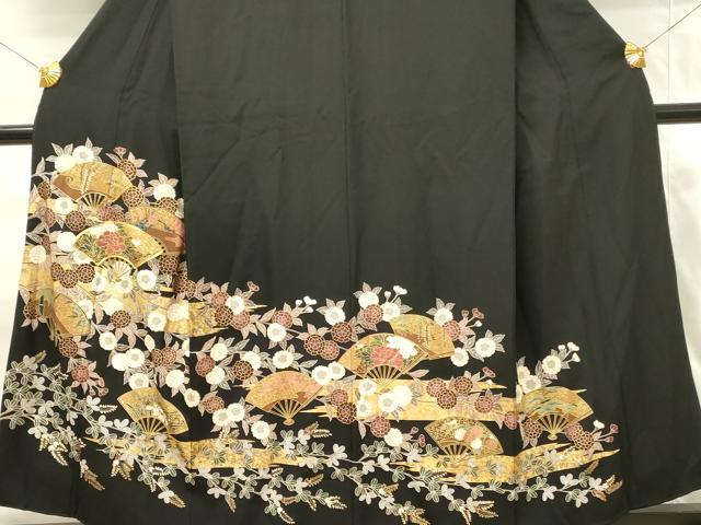 平和屋着物■豪華黒留袖　駒刺繍　扇面花文　金彩　正絹　逸品　DABG4313qp