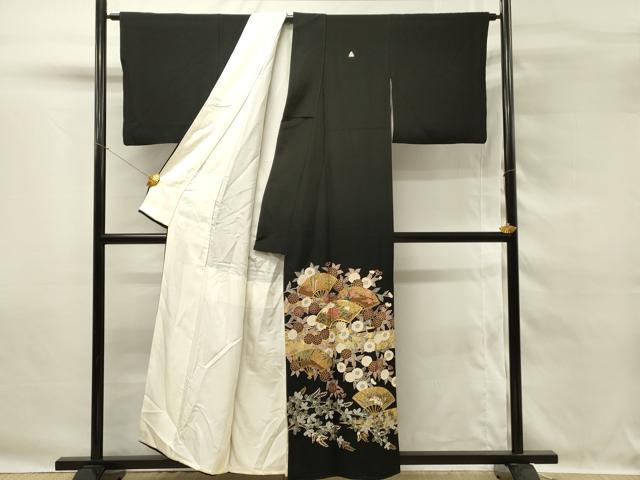 平和屋着物■豪華黒留袖　駒刺繍　扇面花文　金彩　正絹　逸品　DABG4313qp