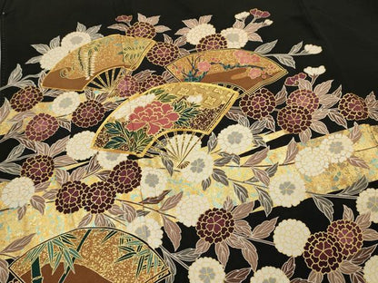 平和屋着物■豪華黒留袖　駒刺繍　扇面花文　金彩　正絹　逸品　DABG4313qp