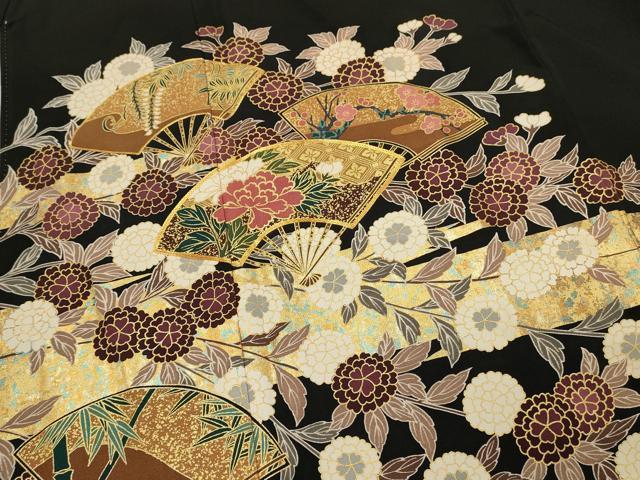 平和屋着物■豪華黒留袖　駒刺繍　扇面花文　金彩　正絹　逸品　DABG4313qp