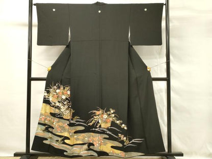 平和屋着物■豪華黒留袖　駒刺繍　花籠文　松竹梅　金彩　正絹　逸品　DABG4314qp