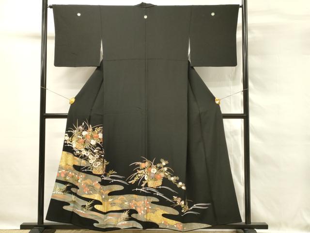 平和屋着物■豪華黒留袖　駒刺繍　花籠文　松竹梅　金彩　正絹　逸品　DABG4314qp