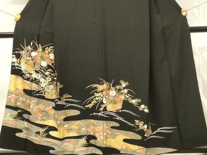 平和屋着物■豪華黒留袖　駒刺繍　花籠文　松竹梅　金彩　正絹　逸品　DABG4314qp