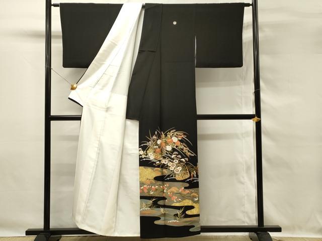 平和屋着物■豪華黒留袖　駒刺繍　花籠文　松竹梅　金彩　正絹　逸品　DABG4314qp