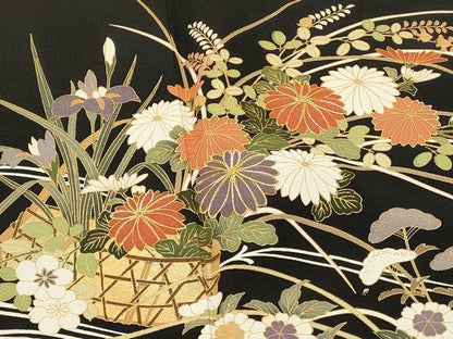 平和屋着物■豪華黒留袖　駒刺繍　花籠文　松竹梅　金彩　正絹　逸品　DABG4314qp