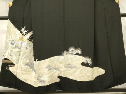 平和屋着物■豪華黒留袖　総刺繍　尾長鳥　枝梅　枝松　金銀糸　正絹　逸品　DABG4315qp