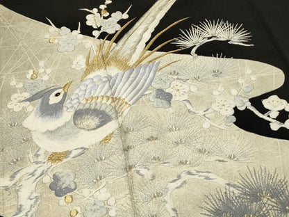 平和屋着物■豪華黒留袖　総刺繍　尾長鳥　枝梅　枝松　金銀糸　正絹　逸品　DABG4315qp