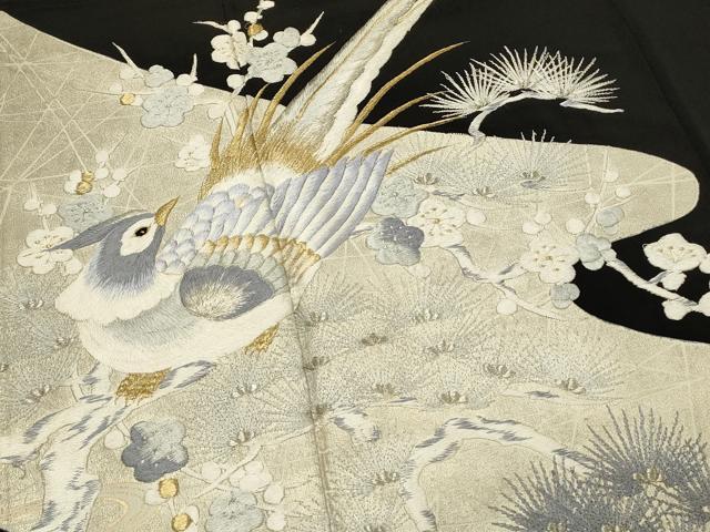 平和屋着物■豪華黒留袖　総刺繍　尾長鳥　枝梅　枝松　金銀糸　正絹　逸品　DABG4315qp
