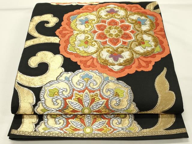 平和屋着物◎六通柄　本袋帯　唐織　正倉院花唐草文　黒地　金銀糸　正絹　逸品　DABG4373qp