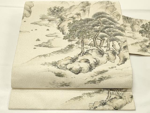 平和屋着物◎九寸名古屋帯　手描き　遠山風景文　銀通し地　正絹　逸品　DABG4419qp