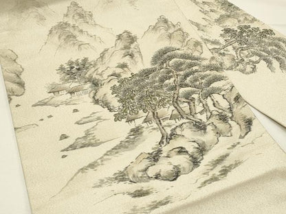 平和屋着物◎九寸名古屋帯　手描き　遠山風景文　銀通し地　正絹　逸品　DABG4419qp