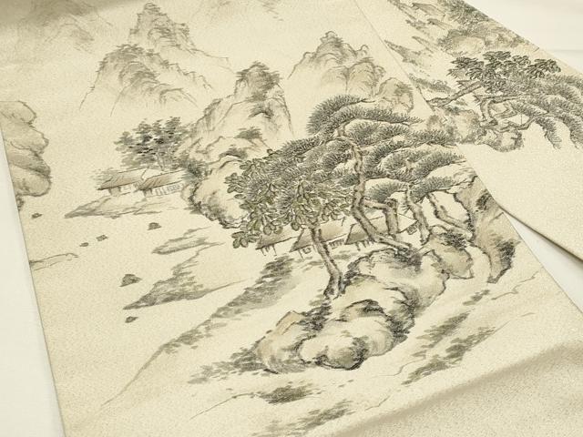 平和屋着物◎九寸名古屋帯　手描き　遠山風景文　銀通し地　正絹　逸品　DABG4419qp