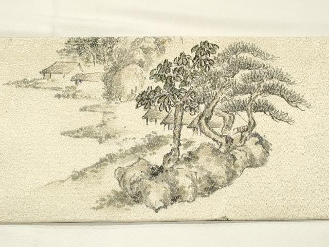 平和屋着物◎九寸名古屋帯　手描き　遠山風景文　銀通し地　正絹　逸品　DABG4419qp