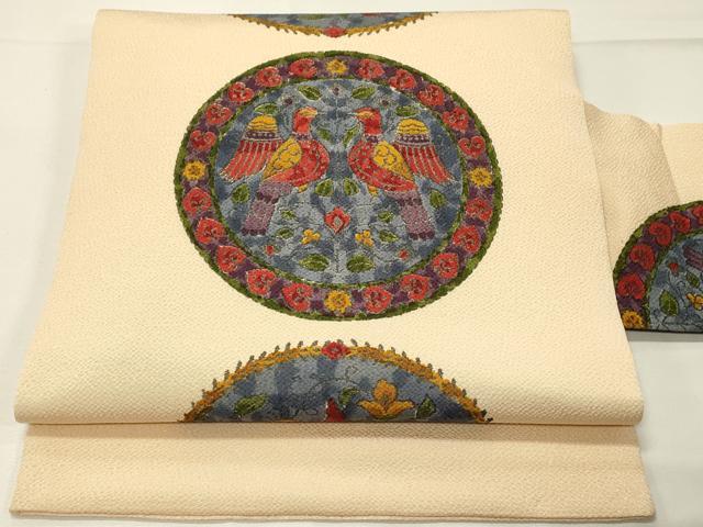 平和屋着物◎全通柄九寸名古屋帯　向かい鳥花丸文　鬼しぼ縮緬　正絹　逸品　DABG4432qp