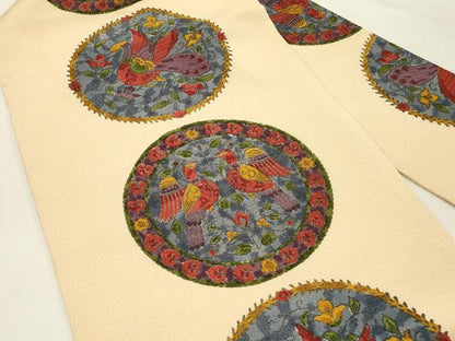 平和屋着物◎全通柄九寸名古屋帯　向かい鳥花丸文　鬼しぼ縮緬　正絹　逸品　DABG4432qp