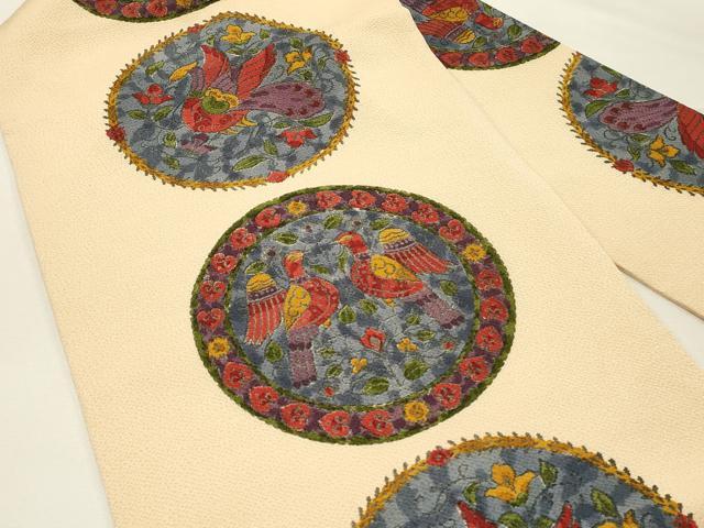 平和屋着物◎全通柄九寸名古屋帯　向かい鳥花丸文　鬼しぼ縮緬　正絹　逸品　DABG4432qp