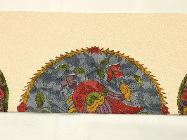 平和屋着物◎全通柄九寸名古屋帯　向かい鳥花丸文　鬼しぼ縮緬　正絹　逸品　DABG4432qp
