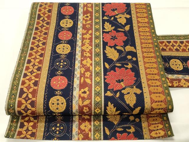 平和屋着物◎本場筑前博多織　八寸名古屋帯　花唐草間道　金糸　正絹　逸品　DABG4437qp