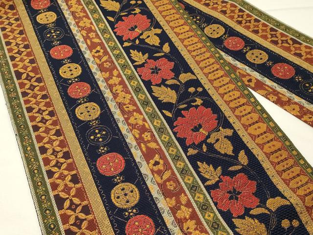 平和屋着物◎本場筑前博多織　八寸名古屋帯　花唐草間道　金糸　正絹　逸品　DABG4437qp