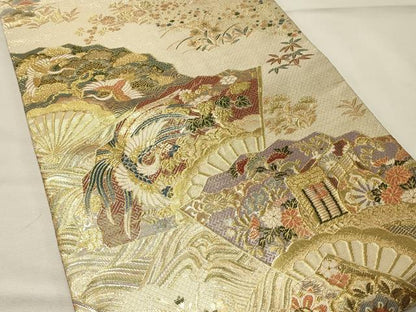 平和屋着物◎佐賀錦　両面　六通柄袋帯　扇面御所車花鳥文　金糸　正絹　逸品　DABG4447qp